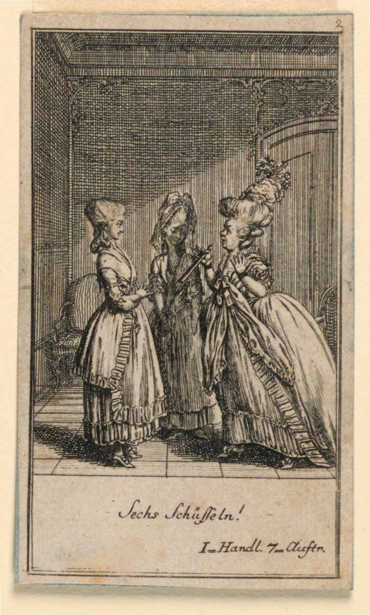 An Elderly Woman Scolding a Girl, illustrasjon av skuespillet "Not more than sachs Schuesseln" av Fredrich Wilhelm Grossman i "Königl: Grosbrit [anian] genealogical calendar for the 1782 year Lauenberg av J.G. Berenberg" av Daniel Nikolaus Chodowiecki