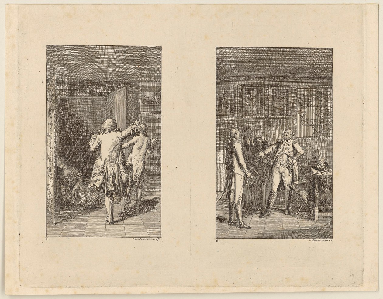 Baronen jager Candide ut av slottet [til venstre]; Candide, Kunigunde og den gamle kvinnen foran guvernøren i Buenos Aires [til høyre] av Daniel Nikolaus Chodowiecki