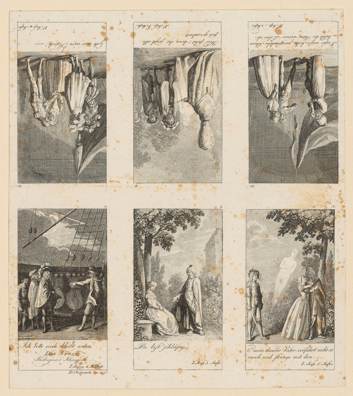 Sider 1–3 og 10–12 i Shakespeares «Stormen» av Daniel Nikolaus Chodowiecki