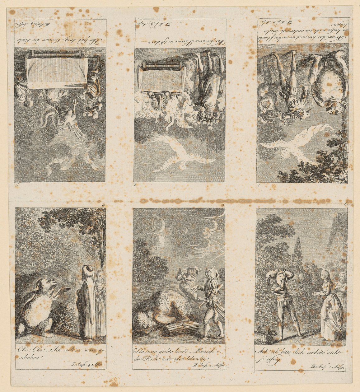 Blad 4-9 til Shakespeares «Stormen» av Daniel Nikolaus Chodowiecki