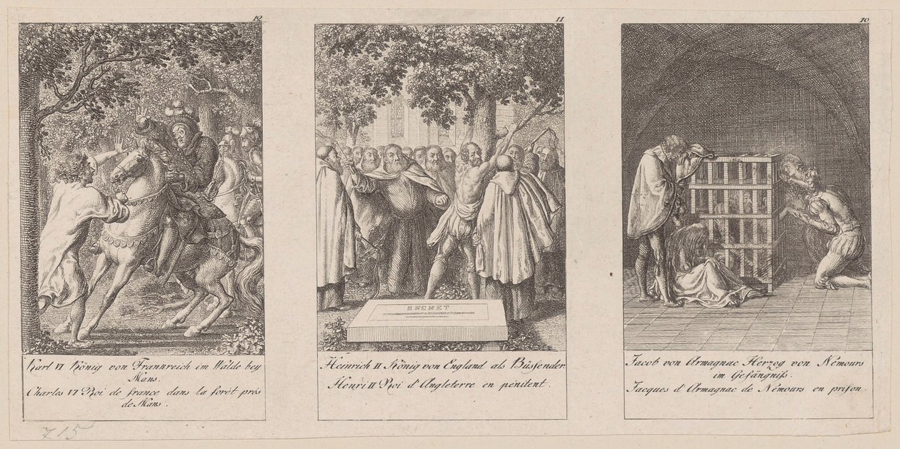 Blad 10-12 i serien «Middelalderens historie» av Daniel Nikolaus Chodowiecki