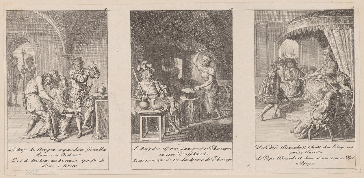 Blad 4-6 fra serien «Middelalderens historie» av Daniel Nikolaus Chodowiecki