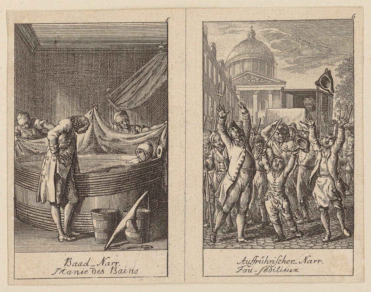 Blad 5 og 6 til Centifolium Stultorum, Dårskaper av Daniel Nikolaus Chodowiecki