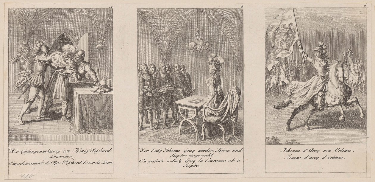 Blad 7-9 i serien «Middelalderens historie» av Daniel Nikolaus Chodowiecki