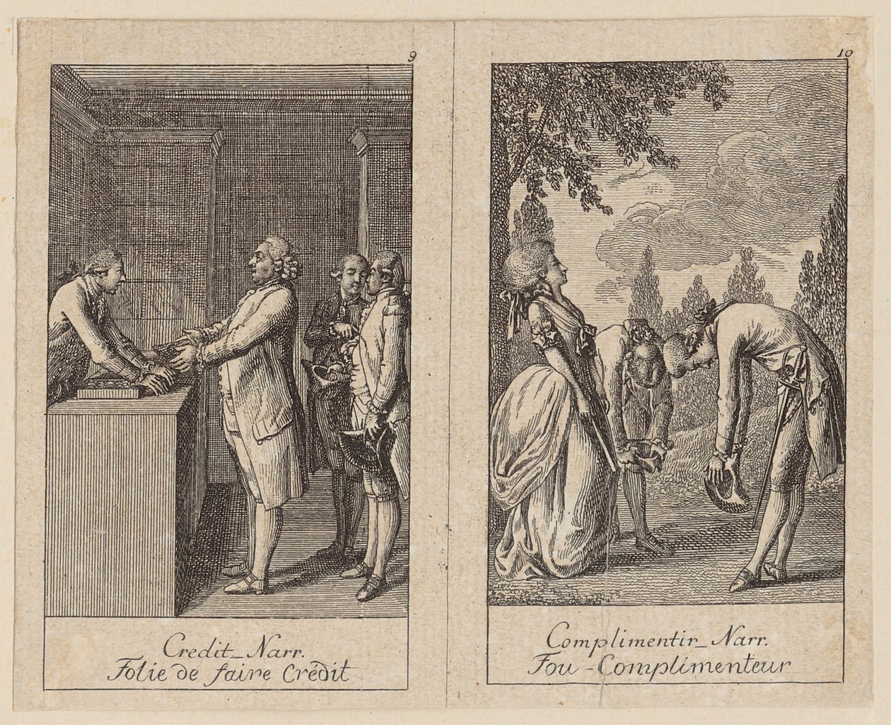 Side 9 og 10 i *Centifolium Stultorum*, «Tåpeligheter» av Daniel Nikolaus Chodowiecki