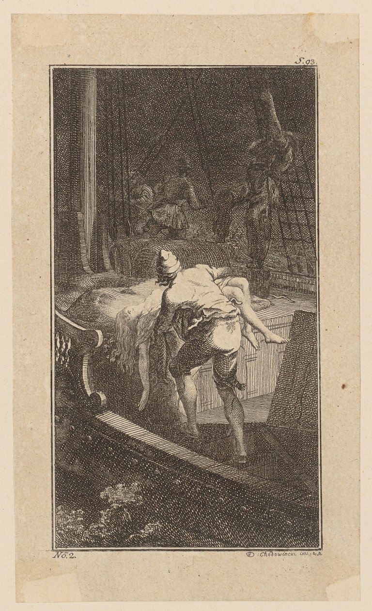 Bunkel bærer Miss Melmoth fra den oversvømte lugaren opp på dekk, blad 2 fra «Johann Bunkels liv, bemerkninger og meninger» av Daniel Nikolaus Chodowiecki