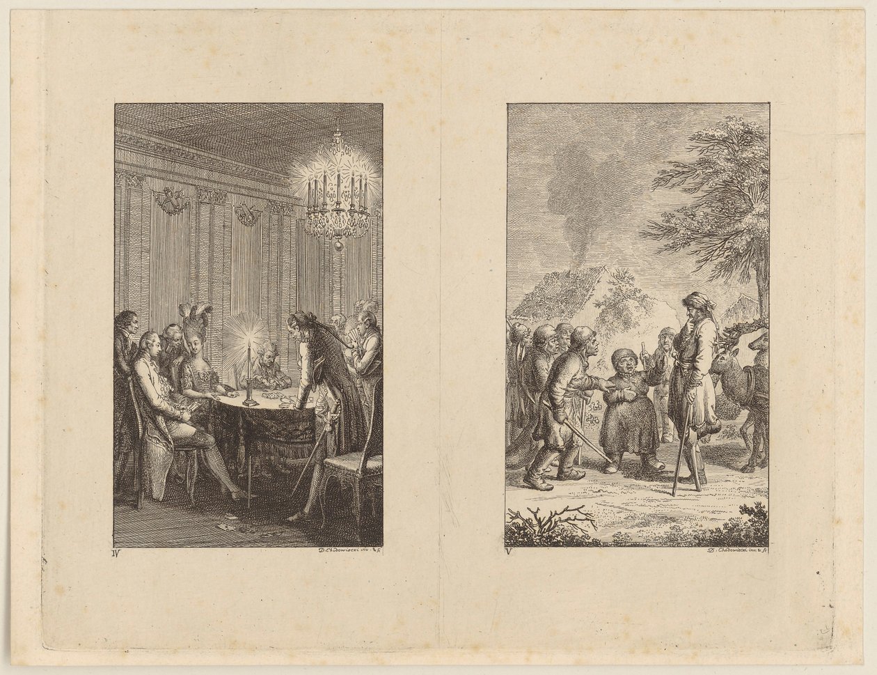 Candide hos en skuespillerinne [til venstre]; Candide i Norge [til høyre] av Daniel Nikolaus Chodowiecki