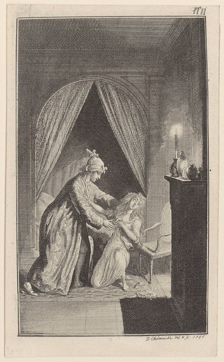 Clarisse ber om at hennes dyd og ære skal skånes av Daniel Nikolaus Chodowiecki