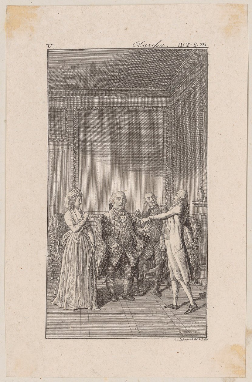 Clarisse, hennes onkel Anton, hennes bror Jacob og Solmes i samtale av Daniel Nikolaus Chodowiecki