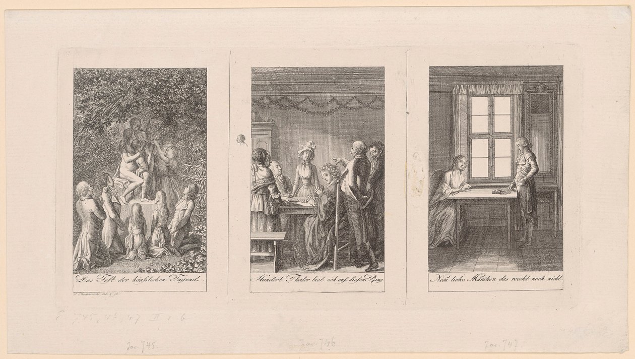 Tre blad til Ehrenbergs «Lommebok [...] for 1795» av Daniel Nikolaus Chodowiecki