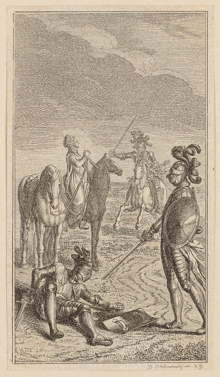 Bortførelsen, eller ridder Karl von Eichenhorst og frøken Gertrude von Hochburg, blad fra første utgave av «Dikt av Gottfried August Bürger» av Daniel Nikolaus Chodowiecki