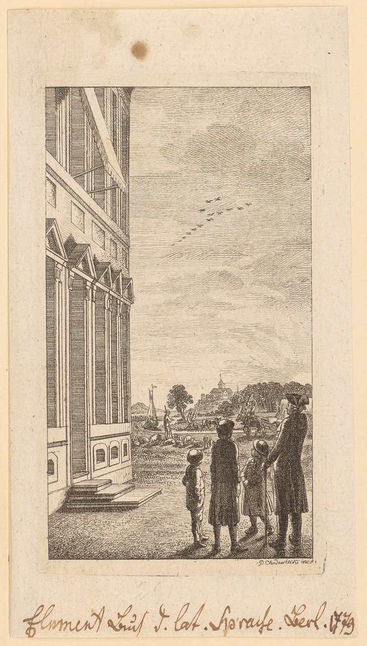 Første side i Schulzes «Elementarbuch der lateinischen Sprache», Berlin 1779 av Daniel Nikolaus Chodowiecki