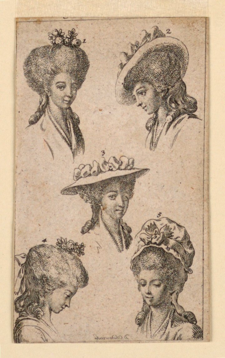 Fem hodeplagg, som bæres av Berlin-kvinner, illustrasjon for "Königl: Grosbrit [anian] genealogisk kalender for 1783-året Lauenberg av J.G. Berenberg" av Daniel Nikolaus Chodowiecki