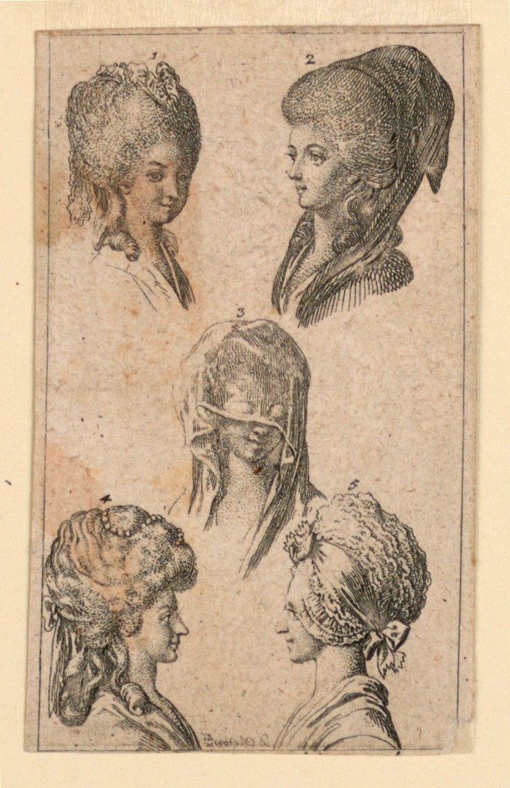 Fem hodeplagg, som bæres av Berlin-kvinner, illustrasjon for "Königl: Grosbrit [anian] genealogisk kalender for 1782-året Lauenberg av J.G. Berenberg" av Daniel Nikolaus Chodowiecki