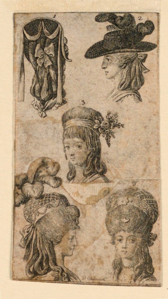 Fem hodeplagg for kvinner, to fragmenter av illustrasjoner for "Königl: Grosbrit [anian] genealogisk kalender for 1781-året Lauenberg av J.G. Berenberg" av Daniel Nikolaus Chodowiecki