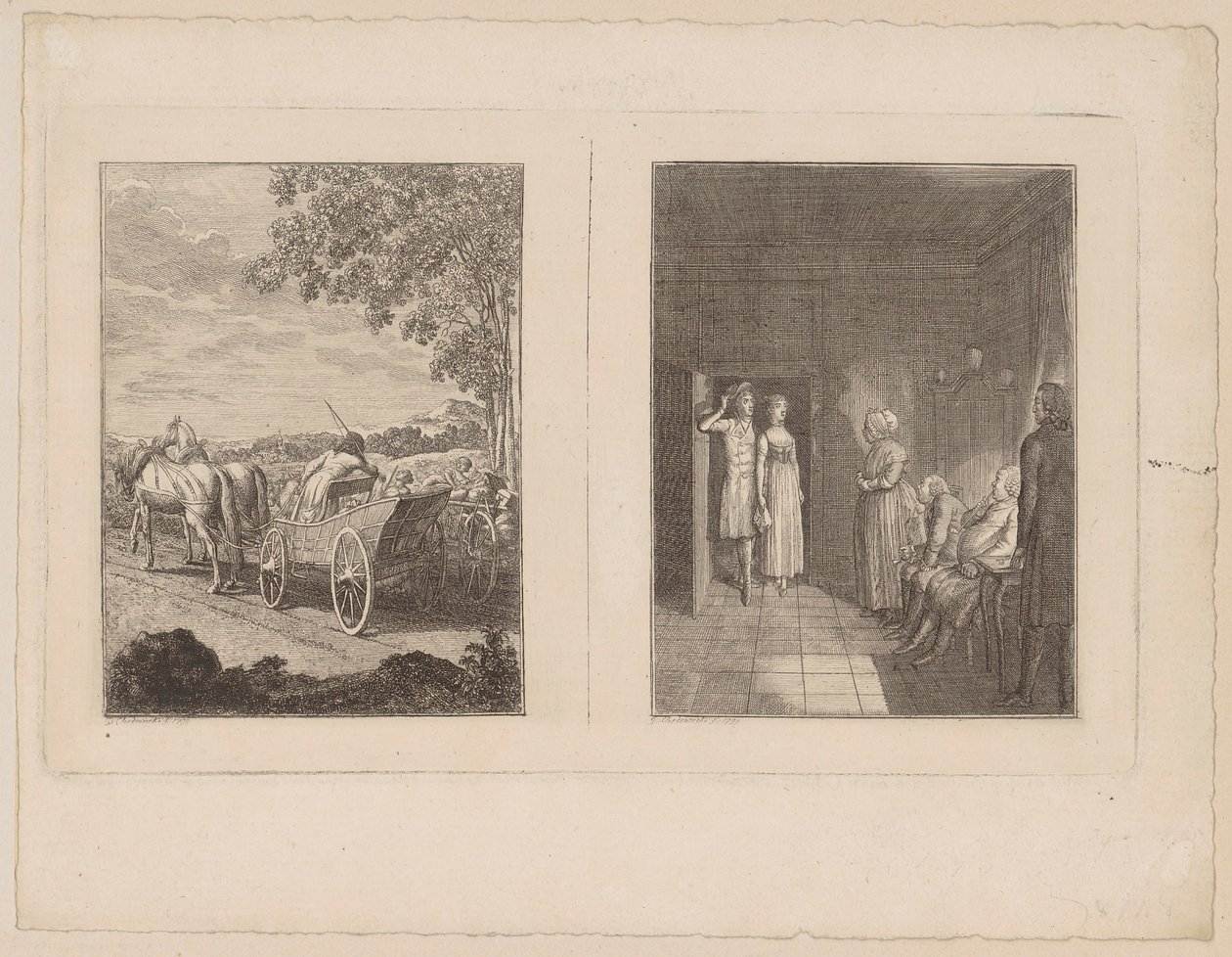 Hermann har innhentet de fordrevne [til venstre]; Herrmann fører Dorothea inn i foreldrenes hus [til høyre] av Daniel Nikolaus Chodowiecki