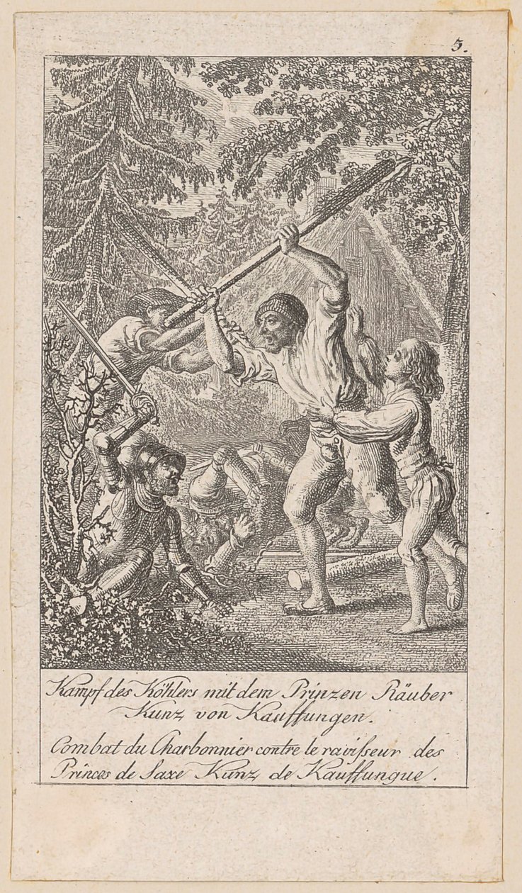 Kullbrennerens kamp med prinserøveren, blad 5 fra serien «Eldre, midtre og nyere historie» av Daniel Nikolaus Chodowiecki