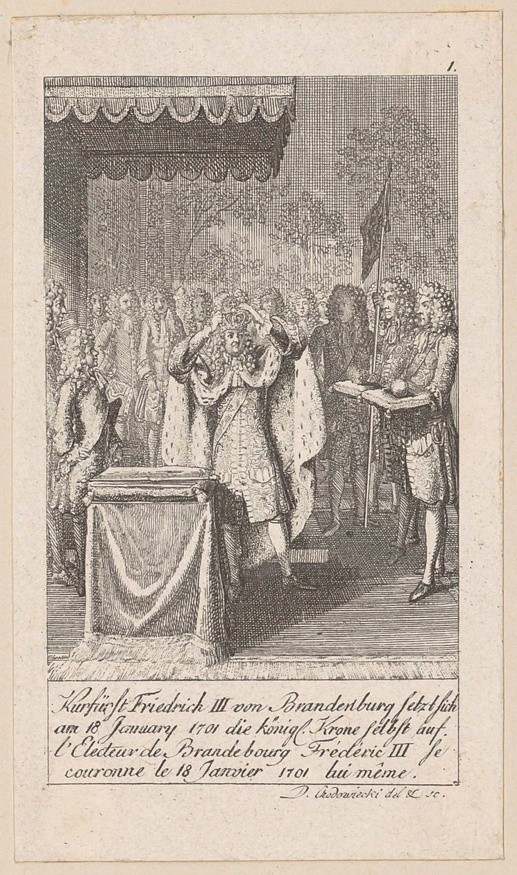 Kurfyrst Fredrik III av Brandenburg kroner seg selv, blad 1 i serien «Eldre, middelalderlig og nyere historie» av Daniel Nikolaus Chodowiecki
