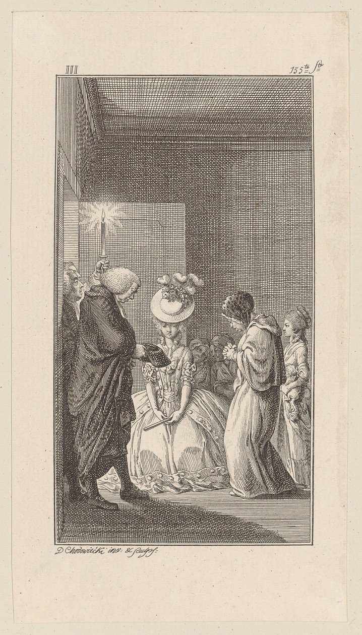 Lady Vincent, Lady Brunk, Whitefield og en prest kommer inn av Daniel Nikolaus Chodowiecki