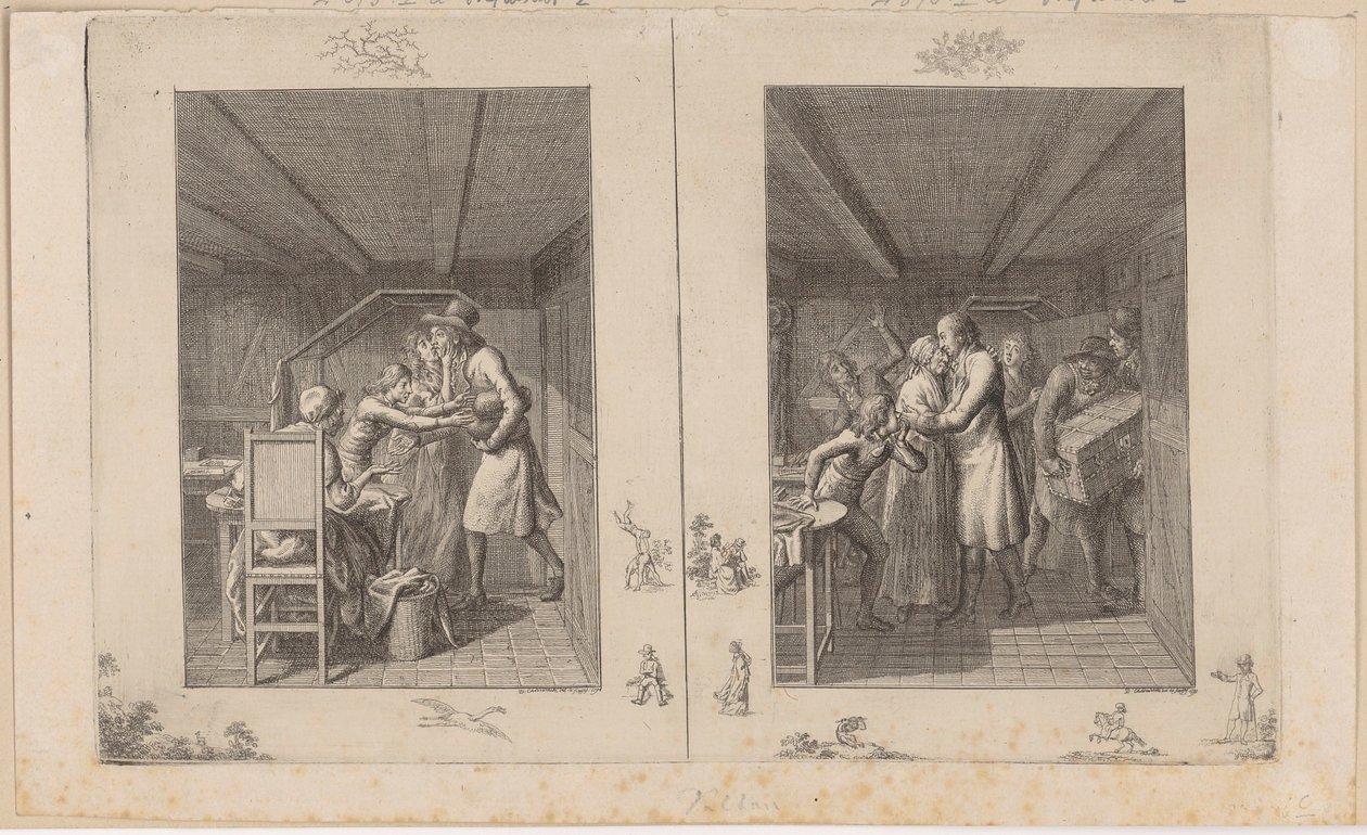 Ludwig forsørger så vidt familien gjennom sitt arbeid [til venstre]; Faren vender tilbake til familien sin beriket med skatter [til høyre] av Daniel Nikolaus Chodowiecki