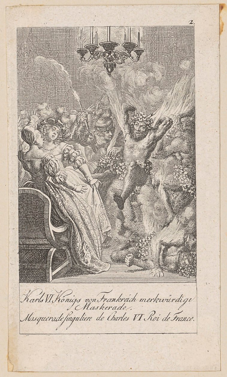 Bemerkelsesverdig maskerade av Karl VI av Frankrike, blad 2 i serien «Oldtidens, middelalderens og nyere tids historie» av Daniel Nikolaus Chodowiecki