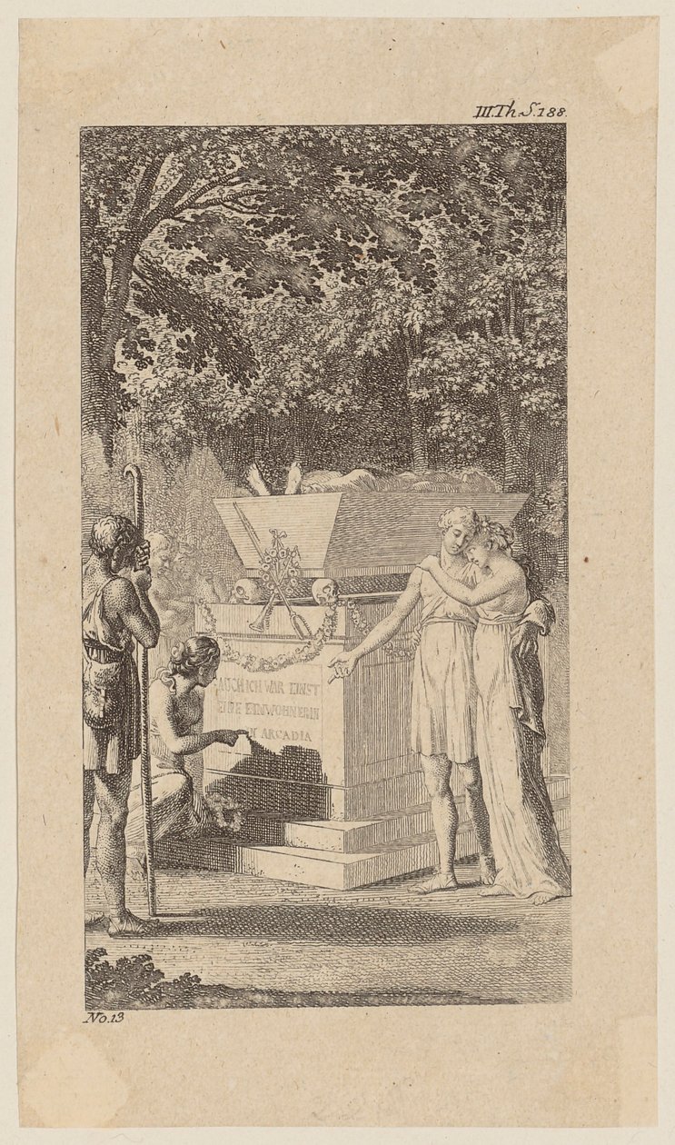 Miss Bruce sammen med venninnen sin ved en gravstein, blad 12 fra «Leben Bemerkungen und Meinungen Johann Bunkels» av Daniel Nikolaus Chodowiecki