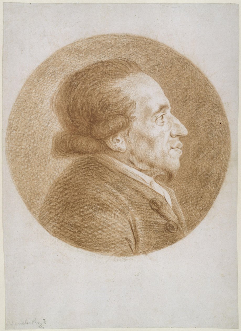 Moses Mendelssohn vendt mot høyre i en runding av Daniel Nikolaus Chodowiecki