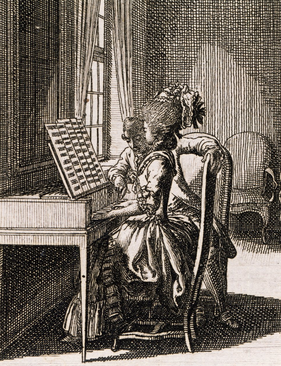 Musikk, kvinne som spiller spinet, av Daniel Nikolaus Chodowiecki (1726-1801), fra Occupations des dames, Tyskland, Polen av Daniel Nikolaus Chodowiecki