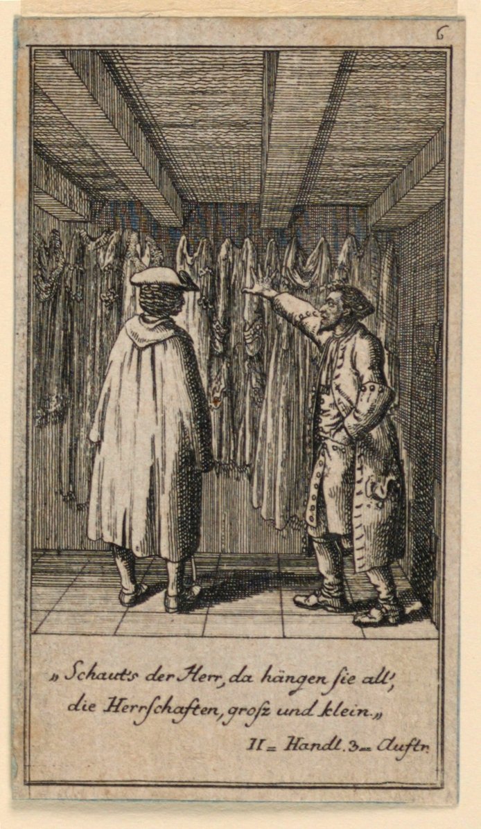 Kostymehandleren, illustrasjon av skuespillet "Not more than sachs Schuesseln" av Fredrich Wilhelm Grossman i "Königl: Grosbrit [anian] genealogical calendar for the 1782 year Lauenberg av J.G. Berenberg" av Daniel Nikolaus Chodowiecki