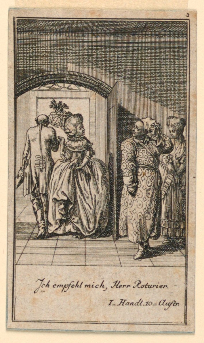 Det eldre paret avslutter hovmodig et besøk, illustrasjon av skuespillet "Not more than sachs Schuesseln" av Fredrich Wilhelm Grossman i "Königl: Grosbrit [nische] genealogical calendar on the 1782 year Lauenberg av J.G. Berenberg" av Daniel Nikolaus Chodowiecki
