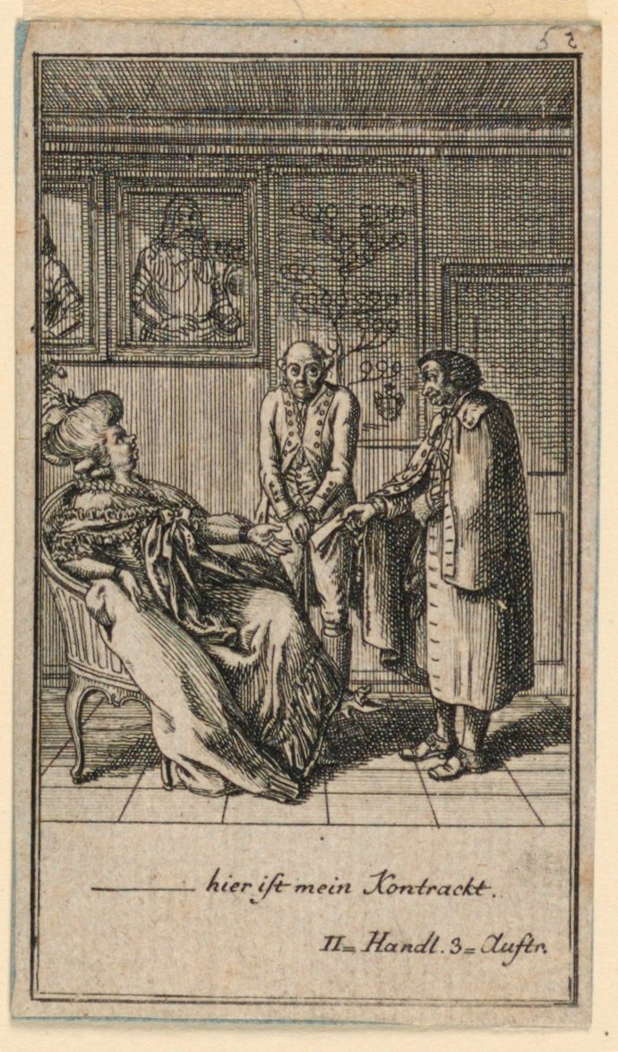 The Elderly Woman Hires a Man, illustrasjon av skuespillet "Not more than sachs Schuesseln" av Fredrich Wilhelm Grossman i "Königl: Grosbrit [anian] genealogical calendar for the 1782 year Lauenberg by J.G. Berenberg" av Daniel Nikolaus Chodowiecki