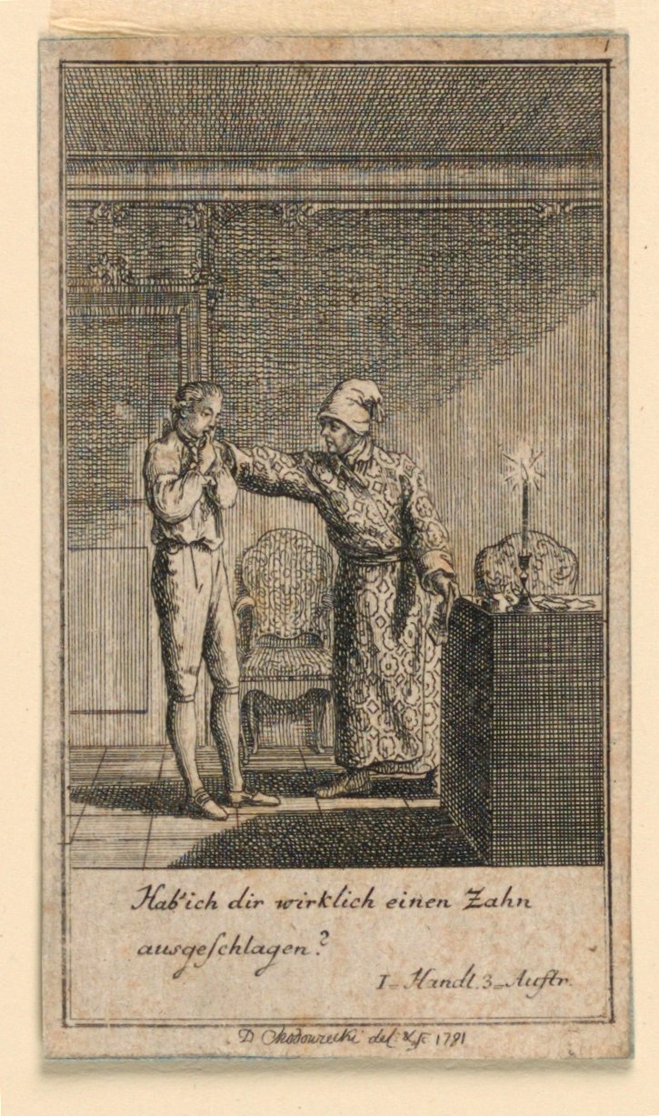 The Slap in the Face, illustrasjon av skuespillet "Not more than sachs Schuesseln" av Fredrich Wilhelm Grossman i "Königl: Grosbrit [anian] genealogical calendar for the 1782 year Lauenberg by J.G. Berenberg" av Daniel Nikolaus Chodowiecki