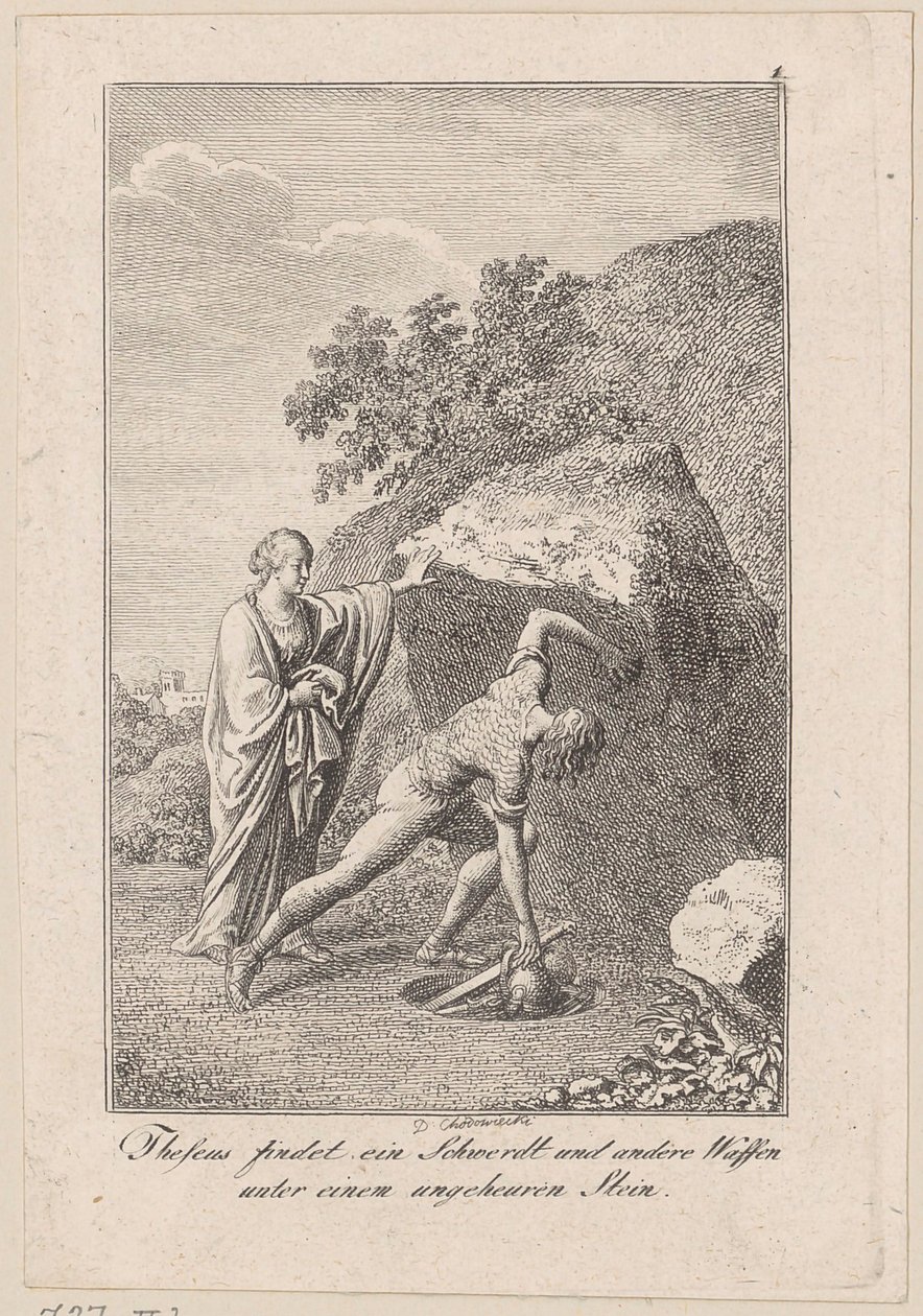 Thesevs finner et sverd og andre våpen under en stein, blad 1 til Beckers "Thesevs" av Daniel Nikolaus Chodowiecki