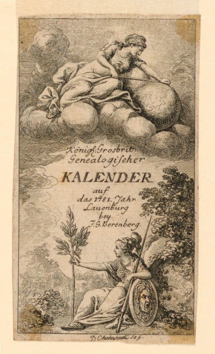 Tittelside for "Königl: Grosbrit [anian] genealogisk kalender for 1781-året Lauenberg av J.G. Berenberg" av Daniel Nikolaus Chodowiecki