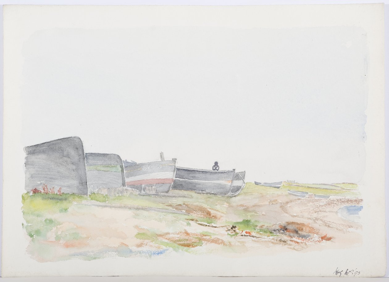 Fishing Cobles, Holy Island, 1895 (blyant og wc på papir) av Daniel Oliver