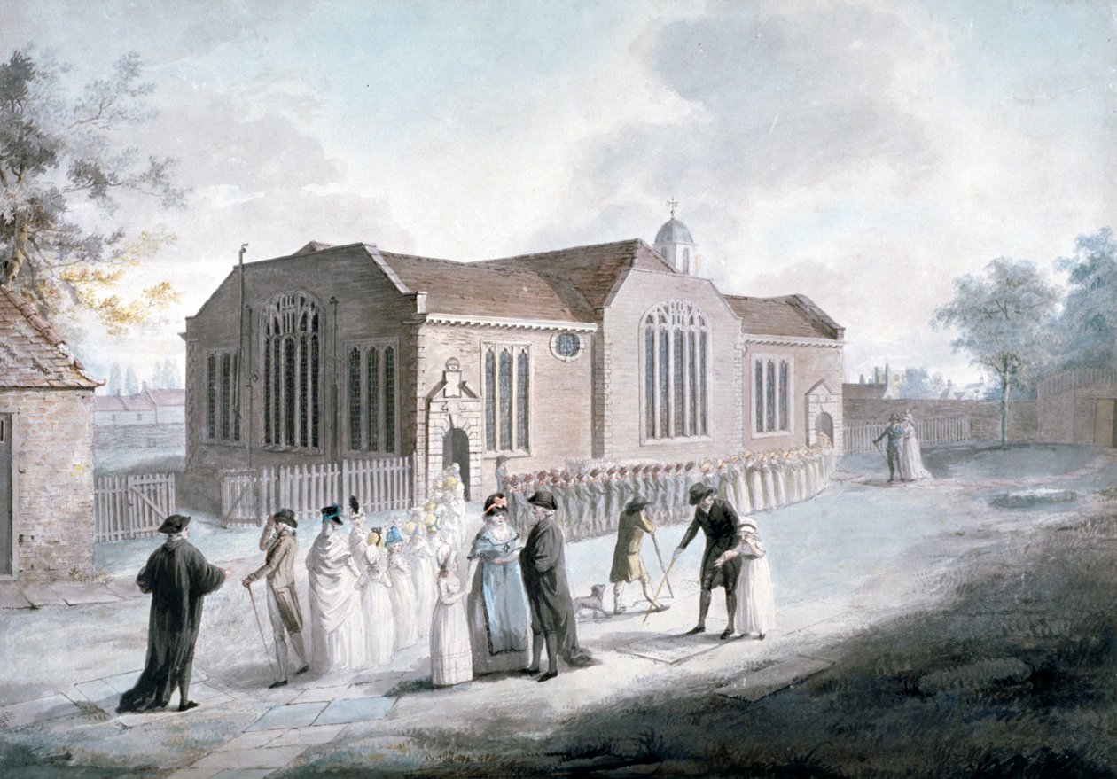 En prosesjon av skolebarn som kommer inn i Broadway Chapel, Westminster, London, 1797 av Daniel Orme
