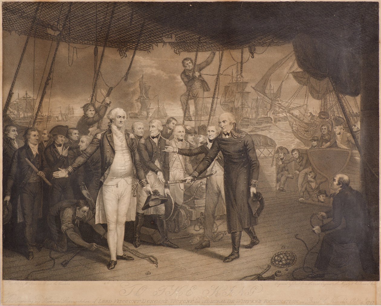 Lord Viscount Duncans seier og admiral De Winters resignasjon om bord på Venerable, oktober 1797 (stippgravering) av Daniel Orme
