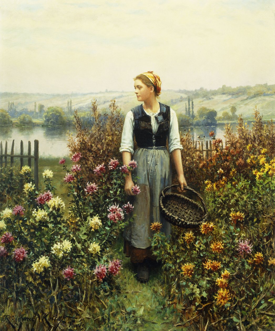 Jente med en kurv i en hage, av Daniel Ridgway Knight
