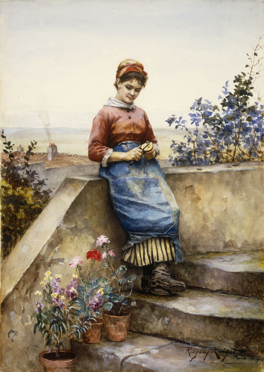 Å skrelle et eple, 1884 av Daniel Ridgway Knight
