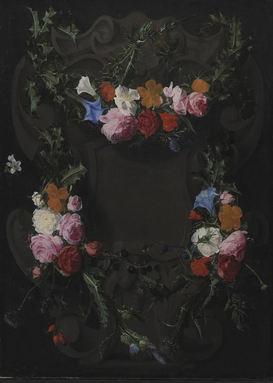 En steinkartasje med en krans av blomster av Daniel Seghers