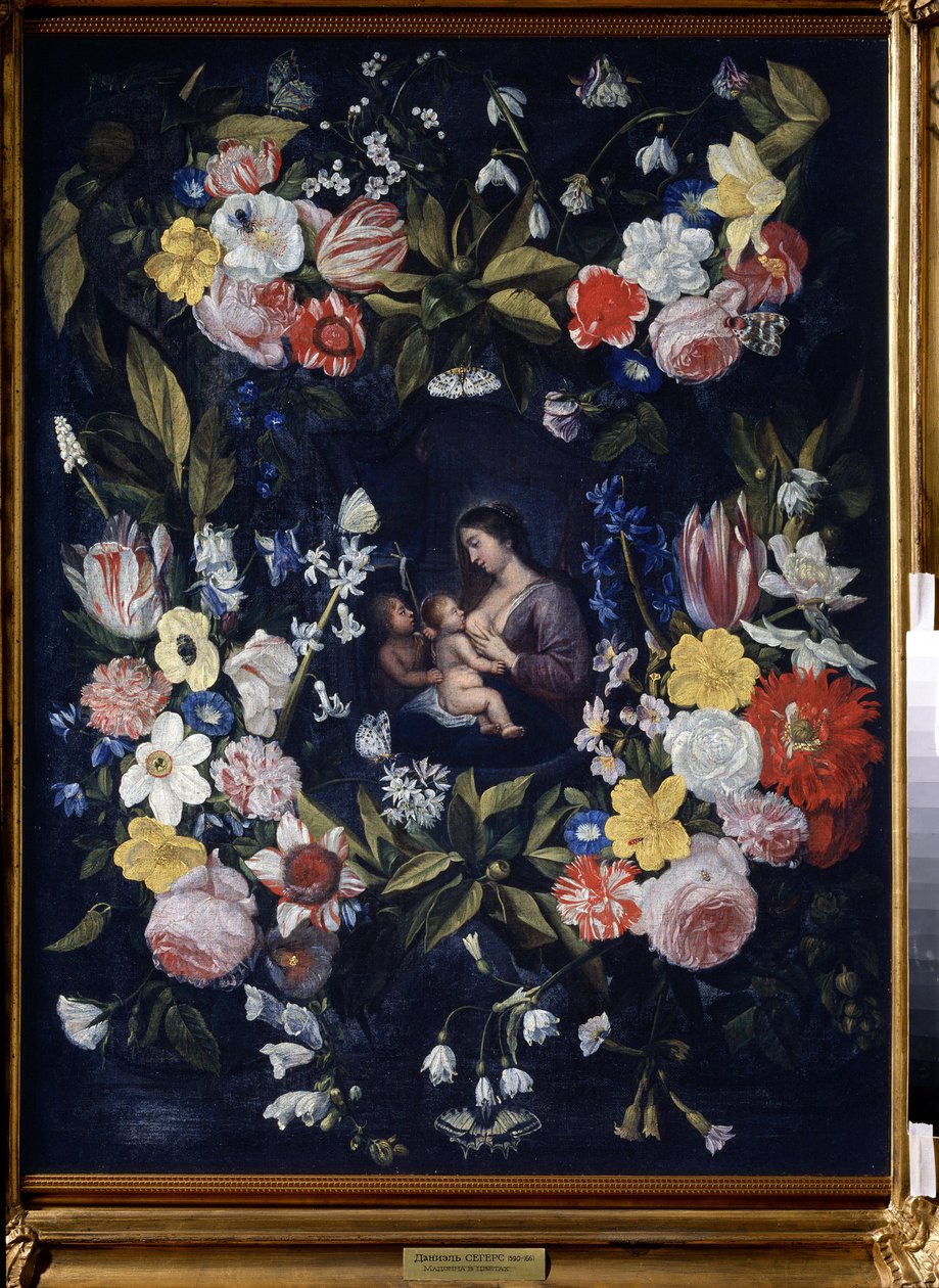 Krans av blomster med Madonna og barn (blomsterkrans med Madonna og barn). Maleri av Daniel Seghers (1590-1661). Olje på lerret, 82 x 64 cm. Flamsk kunst, barokkkunst. Statens kunstmuseum, Tula (eller Tolan). av Daniel Seghers