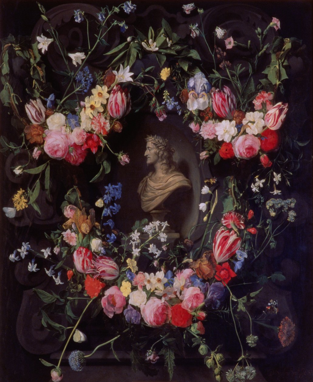 Kranser av blomster rundt en marmorbyste av erkehertug Leopold Guglielmo, ca. 1647 av Daniel Seghers