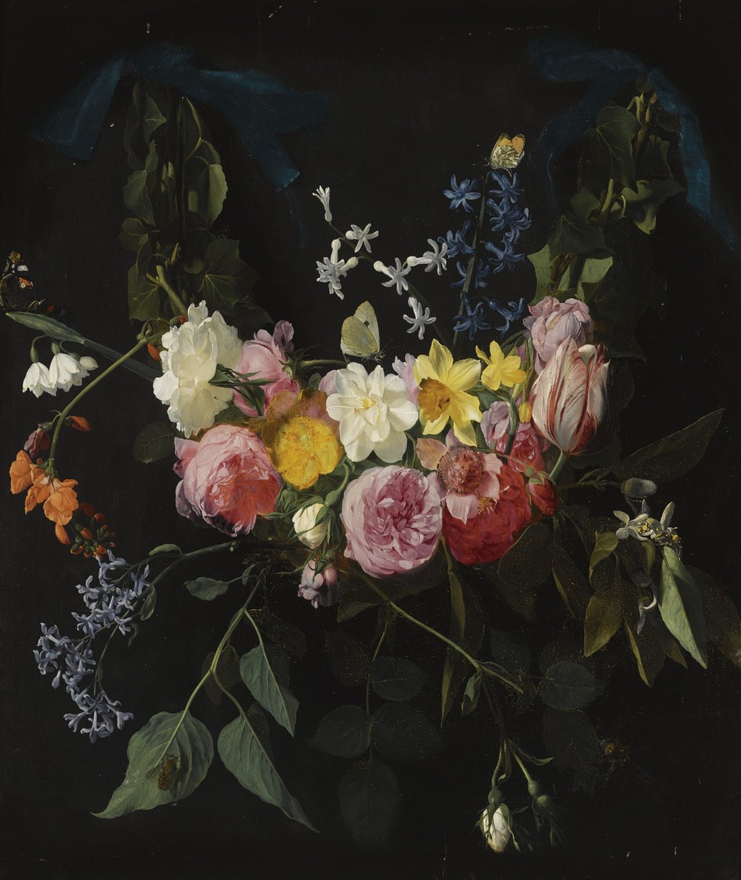 Blomsterkirlande hengende fra to blå bånd av Daniel Seghers