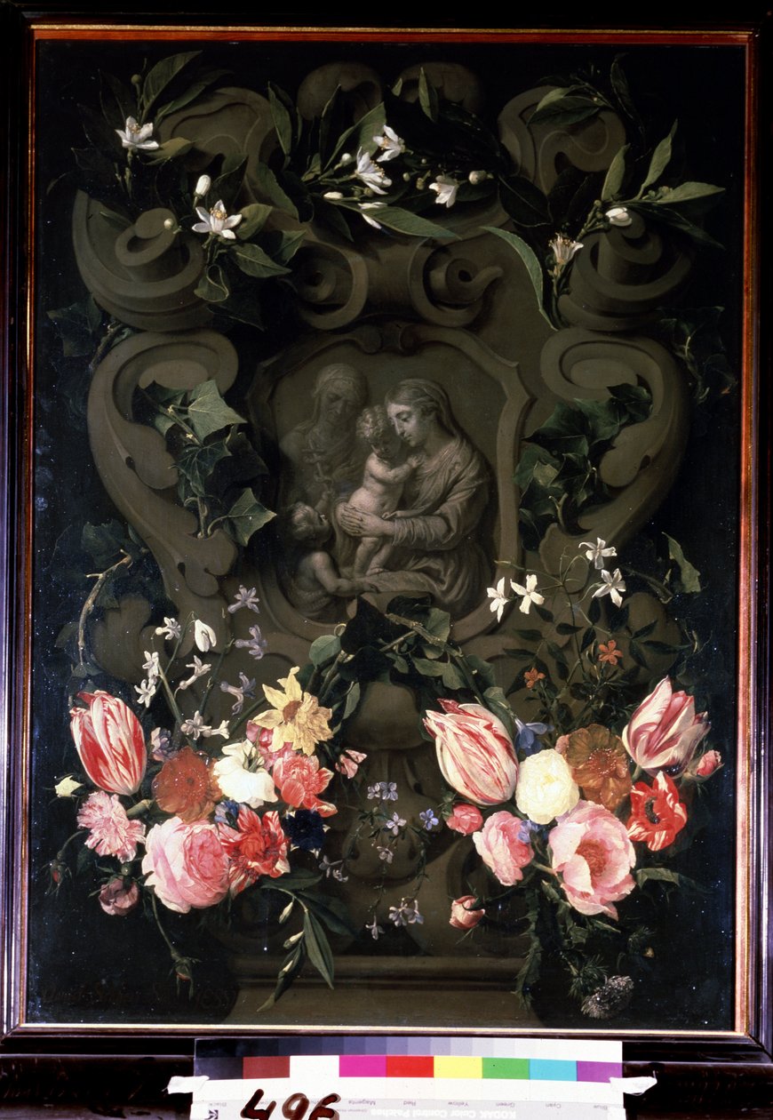 Madonna og barn, den hellige Elisabeth og døperen Johannes som barn i en blomsterkrans. Maleri av Daniel Seghers (1590-1661). Olje på kobber, 84 x 61 cm av Daniel Seghers