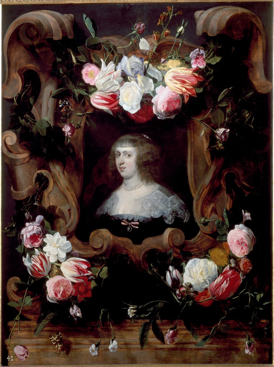 Portrett av dame i en blomsterkrans (olje på lerret av Daniel Seghers