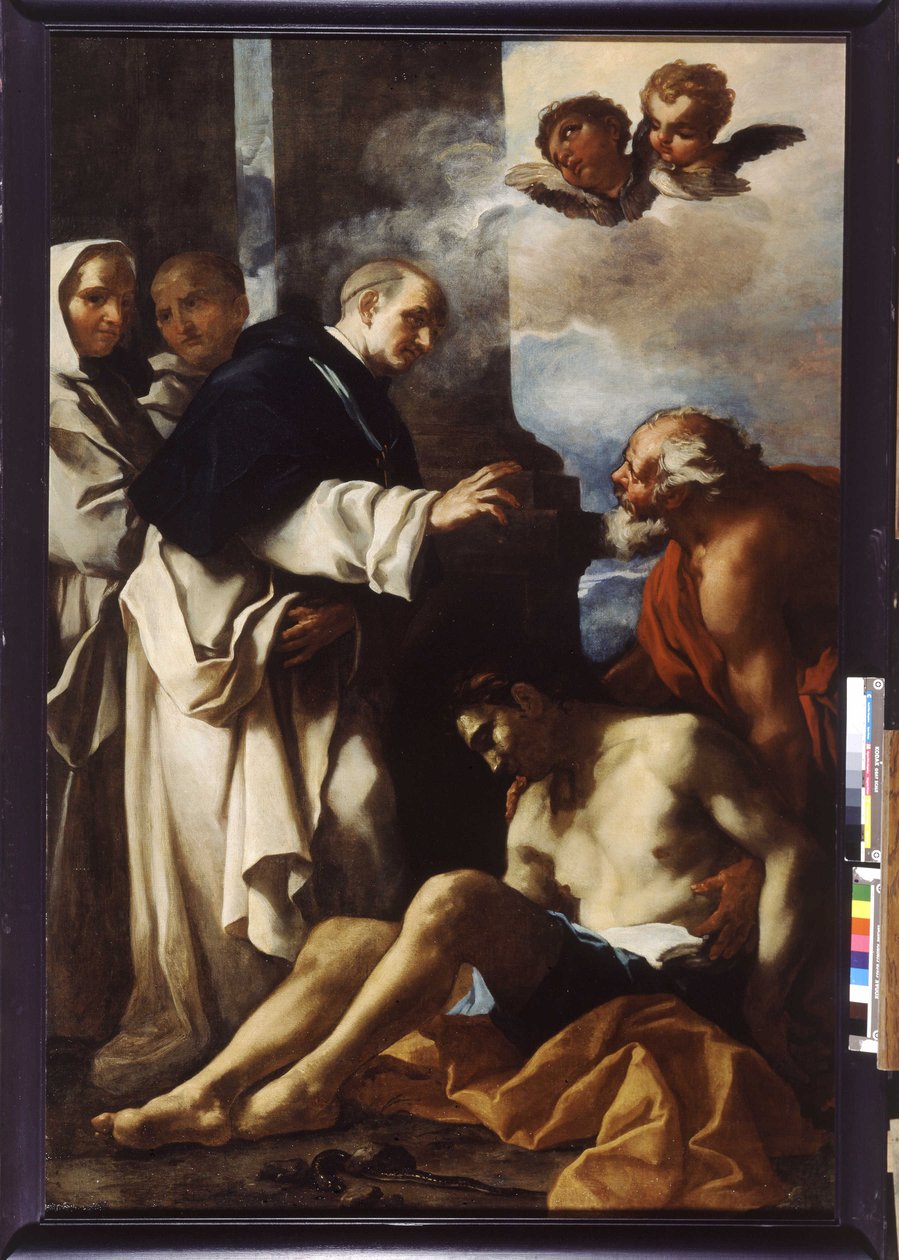 Saint Anthelmus som tar seg av en syk mann (olje på lerret) av Daniel Seiter