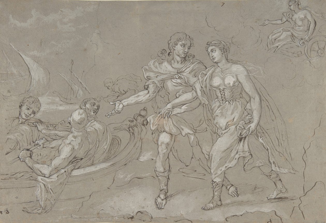 The Rape of Helena, verso: Studie av en knelende naken mannlig figur, sent på 1600- og 1700-tallet. av Daniel Seiter
