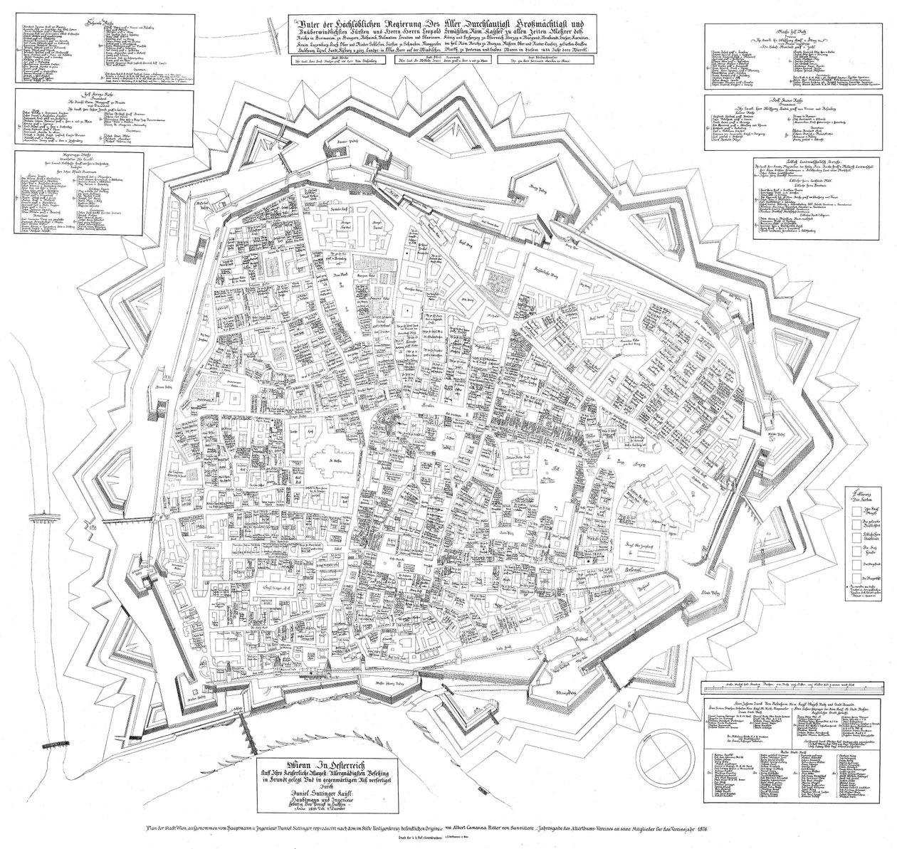 Plantegning av byen Wien fra 1683, vendt mot sør-vest, datert 11. desember 1684 av Daniel Suttinger