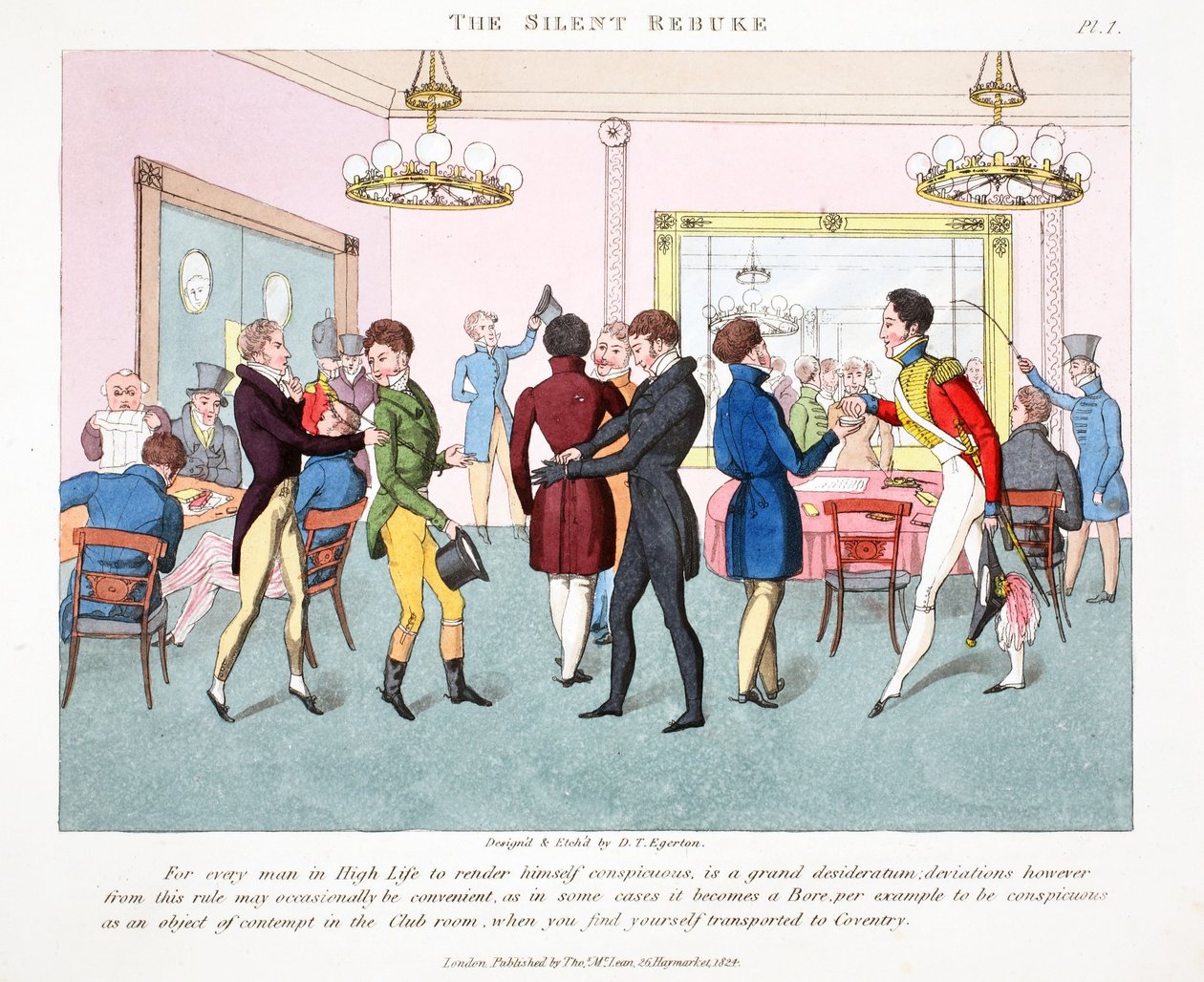 The Silent Rebuke, illustrasjon fra "Fashionable Bores or Coolers in High Life" av Peter Quiz, pub. Thomas McLean, London 1824 (håndfarget gravering) av Daniel Thomas Egerton