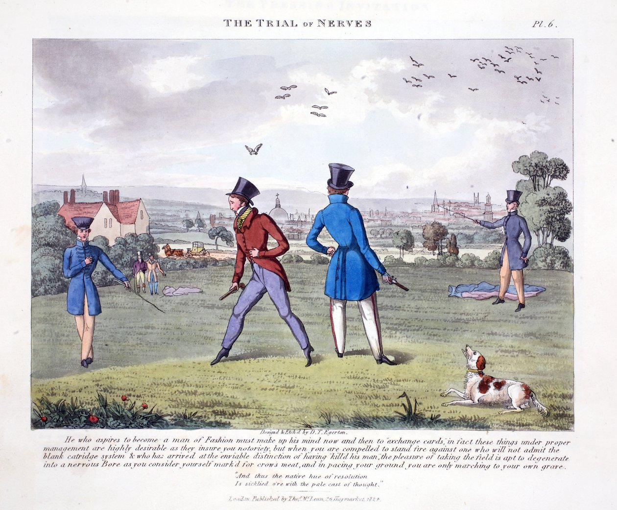 The Trial of Nerves, illustrasjon fra "Fashionable Bores or Coolers in High Life" av Peter Quiz, pub. Thomas McLean, London 1824 (håndfarget gravering) av Daniel Thomas Egerton